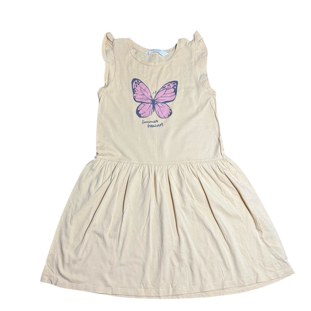 H&M Girls Butterfly Graphic Dress Sleeveless Cream Cotton Size 8–10